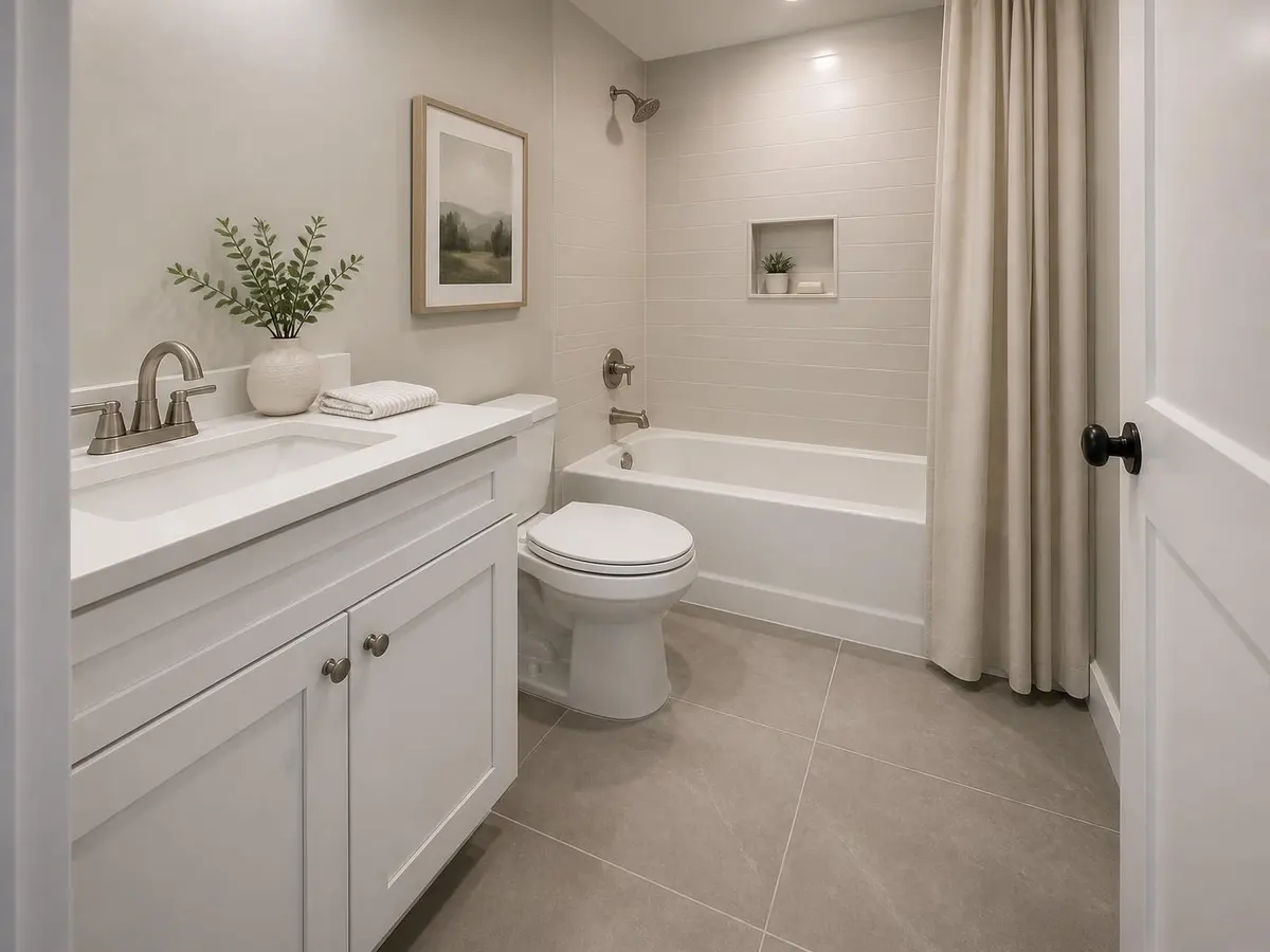 A small bathroom with new large-format gray porcelain floor tile