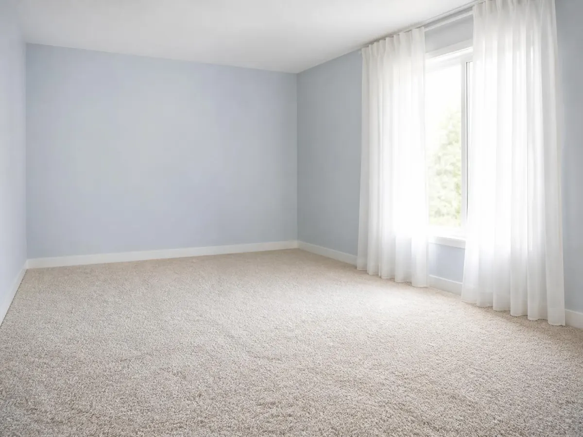 A bedroom with new plush oatmeal carpet