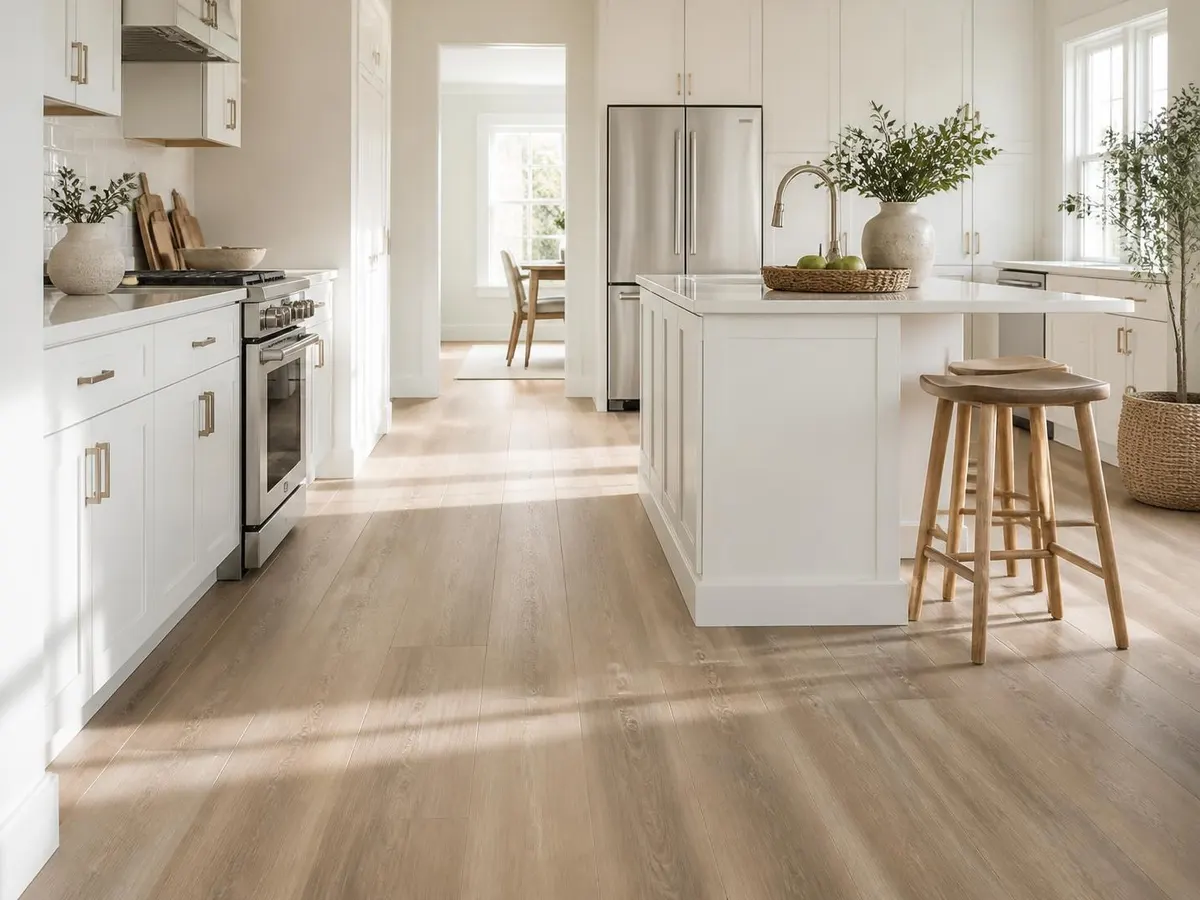 A kitchen with new greige wood-look vinyl plank flooring