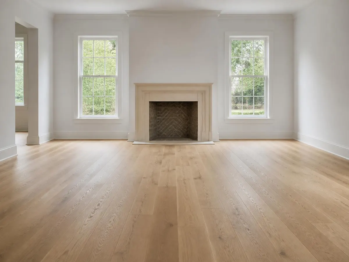 A living room with new wide-plank white oak flooring